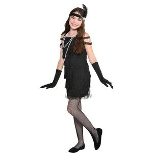 BRAND NEW girl flapper fringe gatsby themed black halloween dress costume